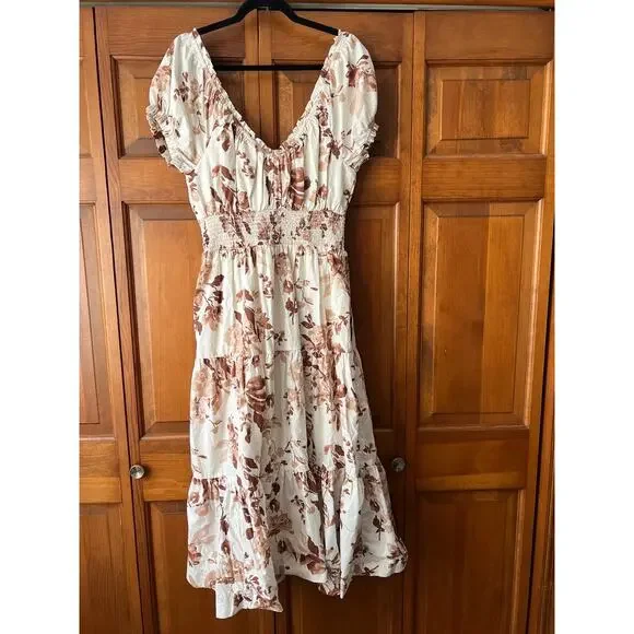 Abercrombie & Fitch Women's Brown Floral Smocked Puff Sleeve Midi Dress Size LT - Picture 11 of 11